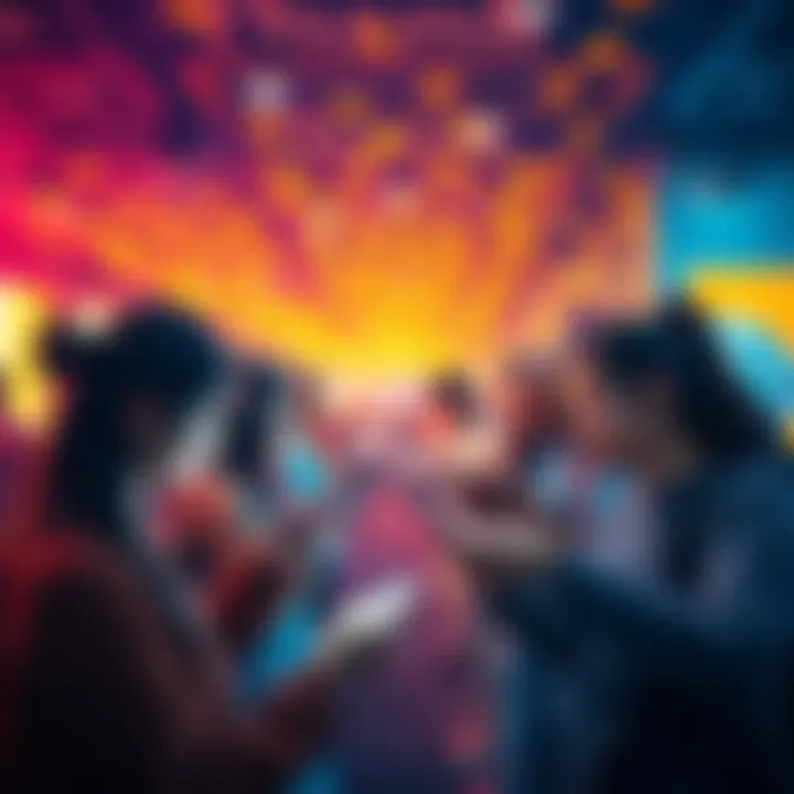 A diverse group of people exchanging messages of thanks on their phones in a vibrant online community