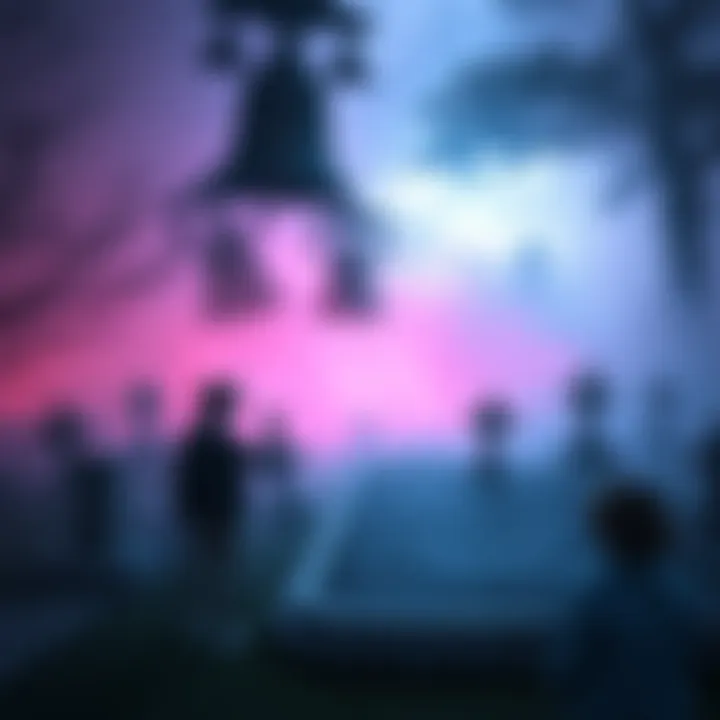 A grave site surrounded by mist, with ghostly bells ringing in the air, as a person activates depth vision nearby.