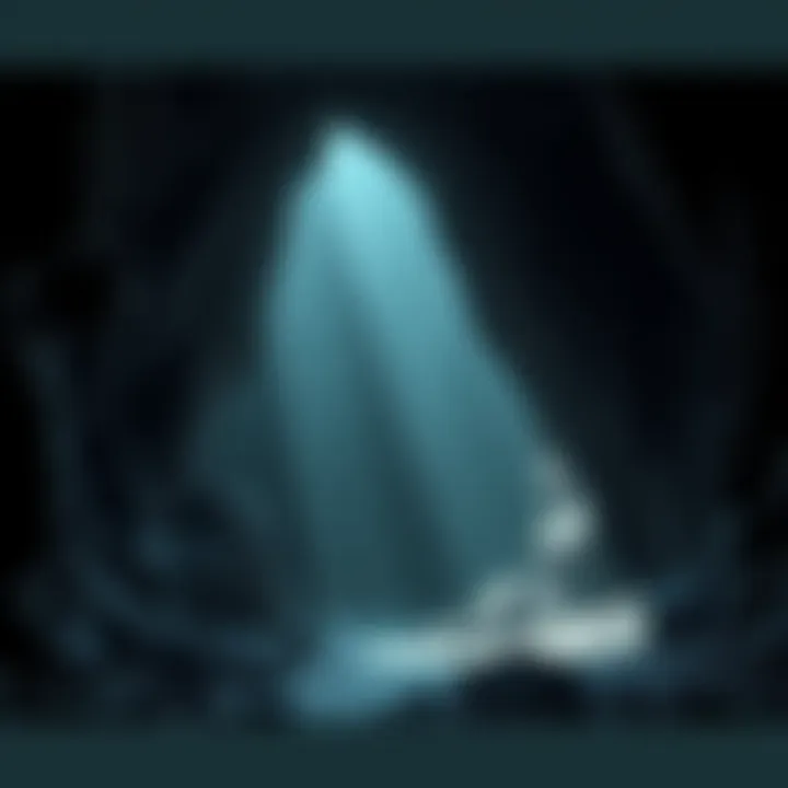 A dark, eerie cave opening surrounded by jagged rocks and shadows, hinting at a lurking beast inside.