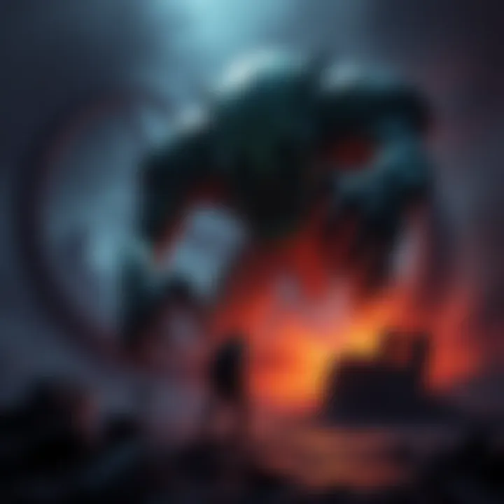 Gravemind, a large, monstrous creature, looms over a dark battlefield, its tendrils extended as it prepares to strategize against Halo activation. The background features the ruins of High Charity, showing the chaos of an invasion.