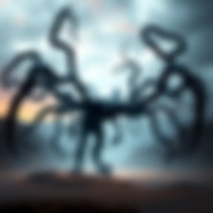 A dark, twisted creature with tendrils, representing Gravemind from Halo 3, looming over a desolate landscape, symbolizing its ability to communicate and connect with others.