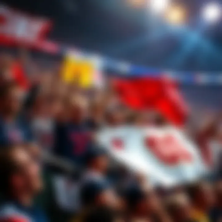 A crowd cheering enthusiastically at a sports event, holding banners and flags to celebrate a remarkable comeback.