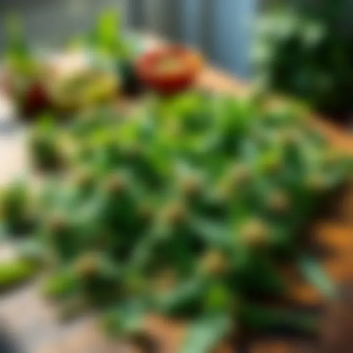 A collection of 420 Great Mulleins laid out on a wooden table with natural lighting, showcasing their green leaves and stems