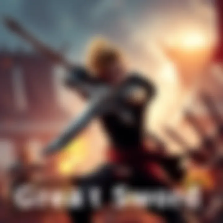 Great Sword in Action A player wielding a Great Sword in a combat scenario, showcasing its size and style against a backdrop of a battle arena.