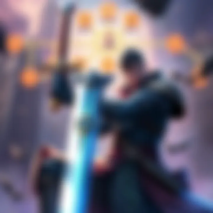 A character wielding a greatsword, showcasing a powerful build with skill tree elements in the background.