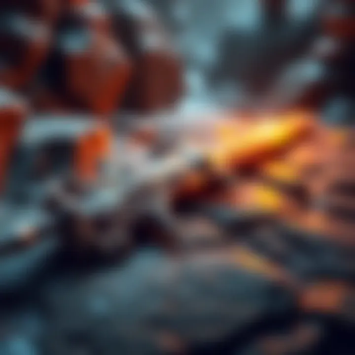 A detailed greatsword resting on a rocky surface in a fantasy game environment, showcasing ornate designs and glowing effects
