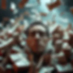 A person surrounded by money, looking unhappy and stressed, symbolizing the negative impact of greed.