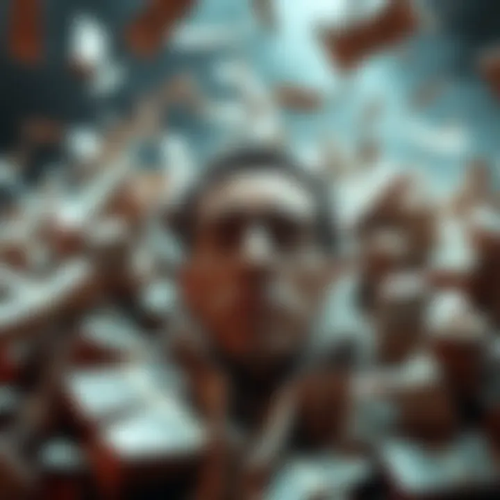 A person surrounded by money, looking unhappy and stressed, symbolizing the negative impact of greed.