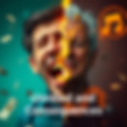 A split image showing a person laughing at a financial gain on one side and another person looking distressed over a loss on the other side.