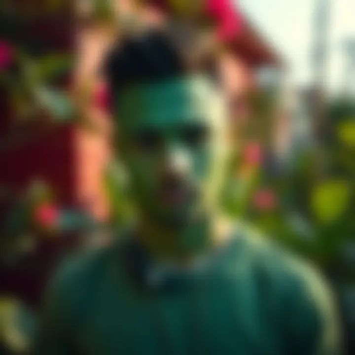 Person with Green Appearance A person with a unique green skin tone standing in a vibrant outdoor setting, surrounded by greenery.