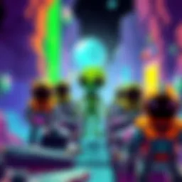 A small green alien guiding colorful crew members through various levels while avoiding enemies in a vibrant 2D game world