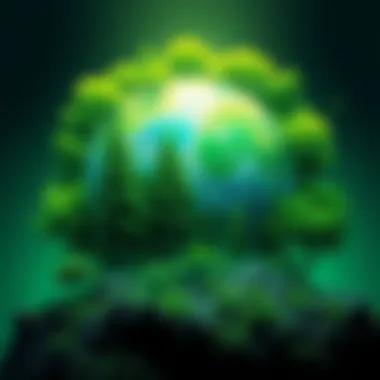 A vibrant illustration of a green planet surrounded by trees and plants symbolizing sustainability and environmental awareness.