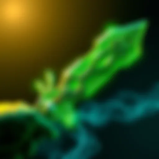 A detailed green sword featuring multiple tiny blades, showcasing its unique design in a gaming context.