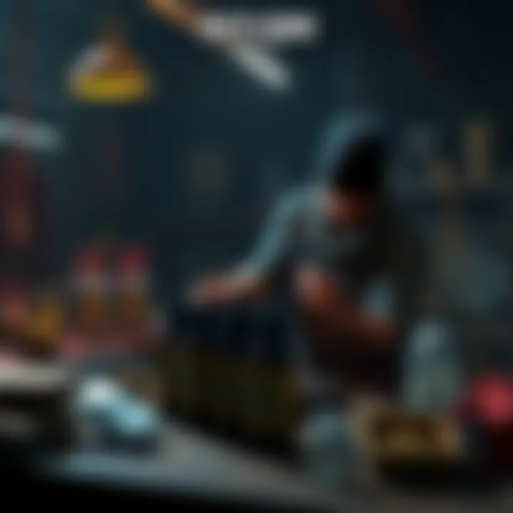 A player character working on grenade crafting in a workshop setting with various materials around