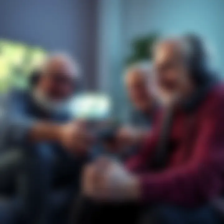A group of older adults enjoying video games together, showcasing camaraderie and engagement in gaming.