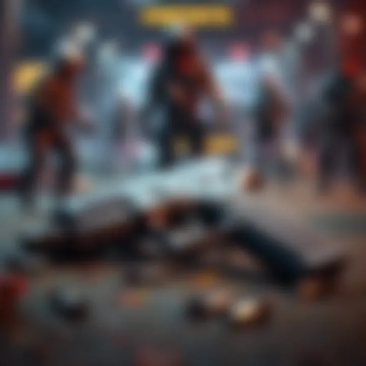 Grey pistol in Battle Royale A close-up of a grey pistol lying on the ground in Battle Royale, surrounded by a gaming interface and characters in the background.