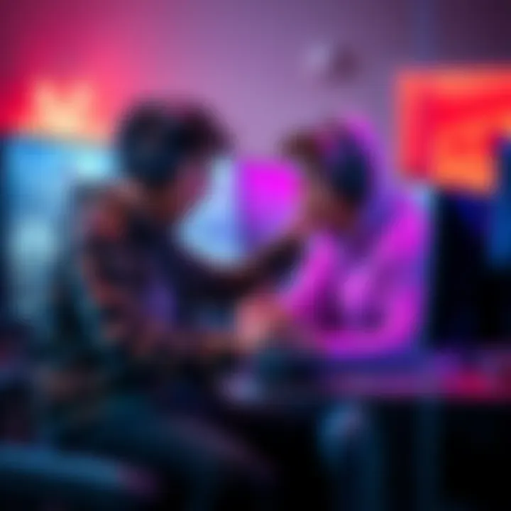 A scene depicting a gamer and a griefer collaborating in a virtual environment, showcasing the blend of rivalry and friendship.