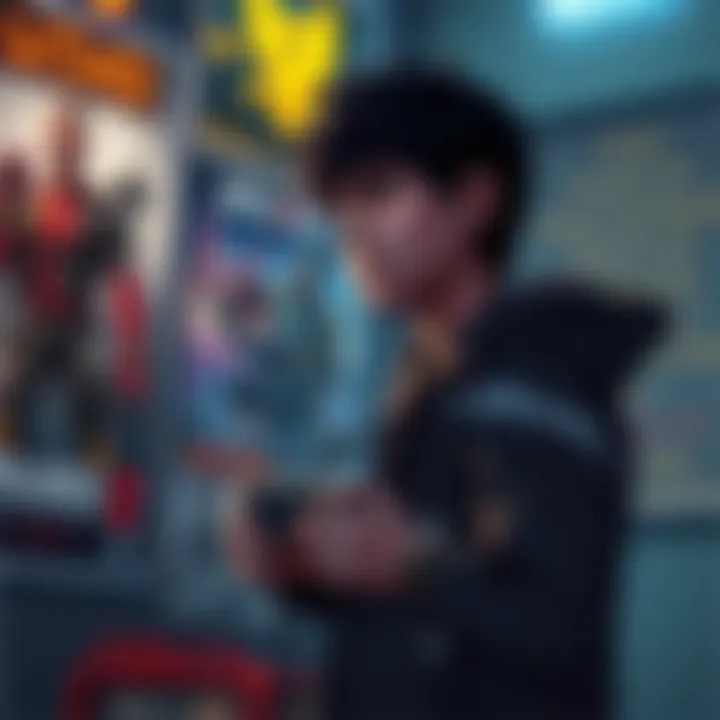 A player sitting alone, holding a game controller, looking reflective with a sad expression, surrounded by game posters, symbolizing loss.