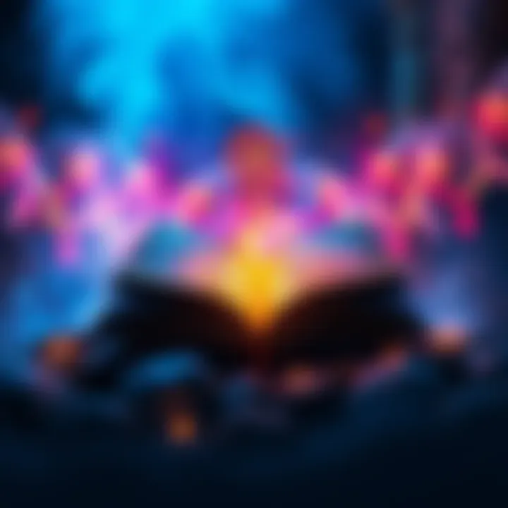 An open book surrounded by glowing lights and mystical symbols, representing the Grimoire's opening event.