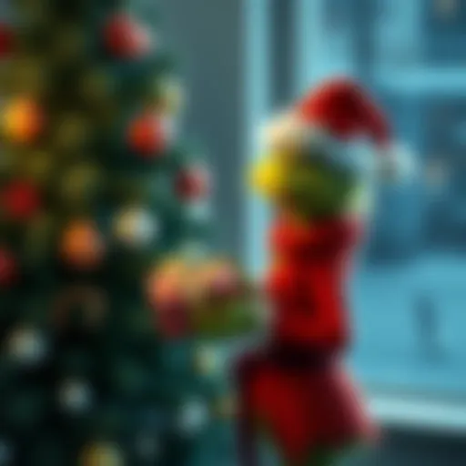 The Grinch and Christmas Tree The Grinch stands next to a decorated Christmas tree, smiling and holding a present, showcasing the spirit of holiday generosity.