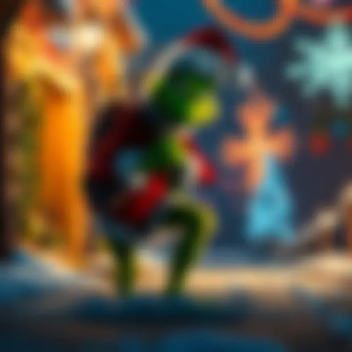 The Grinch wearing a Santa suit, creeping into Whoville at night, with a sack over his shoulder and holiday decorations in the background.