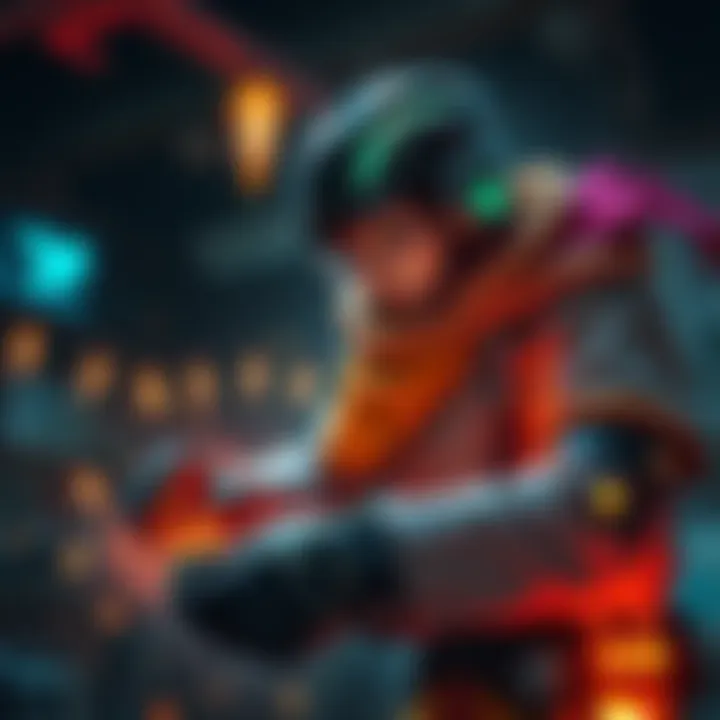 A character in a gaming environment gathering exotic items using various grinding techniques.