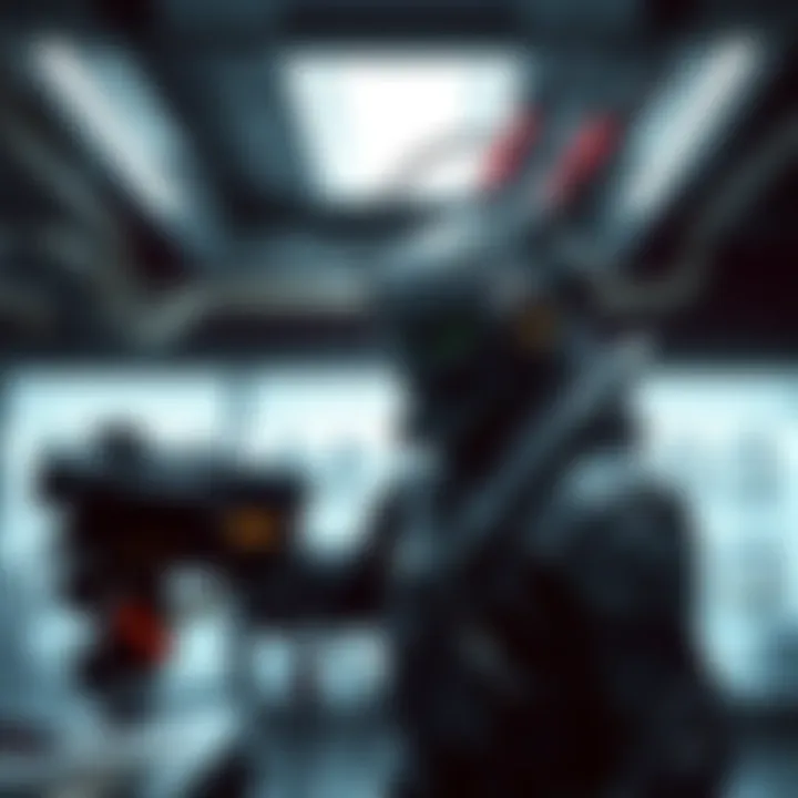 A Grineer soldier oversees a bioengineered creation in a lab setting, showcasing a fusion of machinery and organic components.