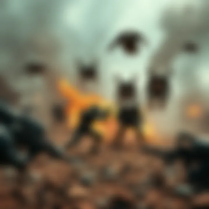 Grineer and Corpus Faction Battle A fierce clash between Grineer soldiers and Corpus units in a war-torn landscape, showcasing their combat strengths.