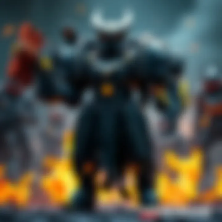 The Grineer Warframe Dakka stands ready for battle, showcasing its heavy armor and advanced weaponry, with flames and energy effects around it.