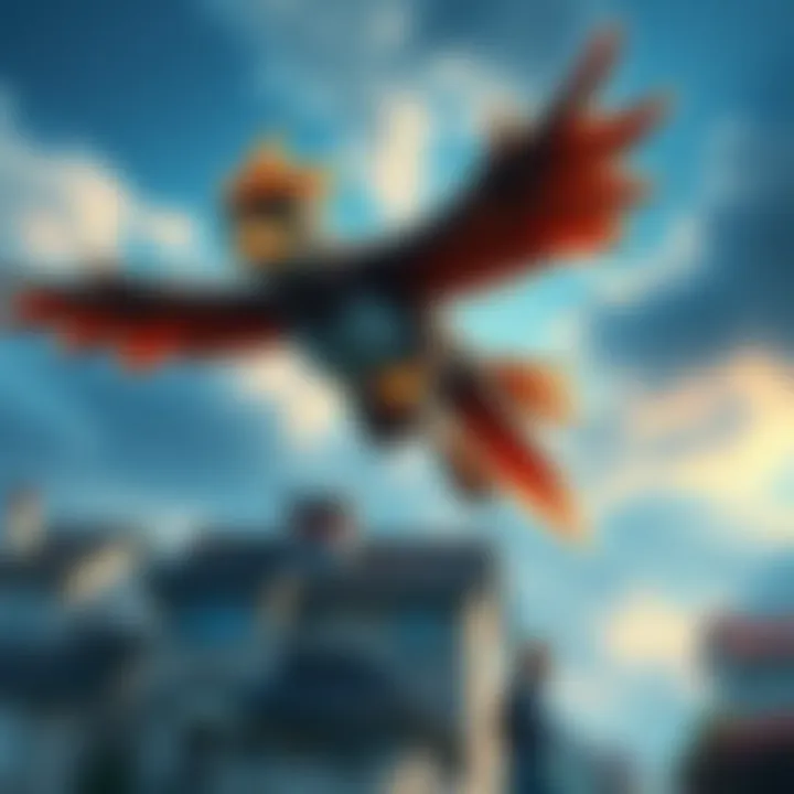 Griphen flying away from home A Griphen soaring through the sky, leaving a neighborhood behind with surprised onlookers below