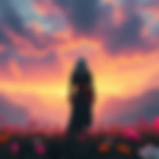 The main character from Gris standing on a colorful landscape, surrounded by soft light and symbols of loss and rebirth, evoking emotions of grief and healing.