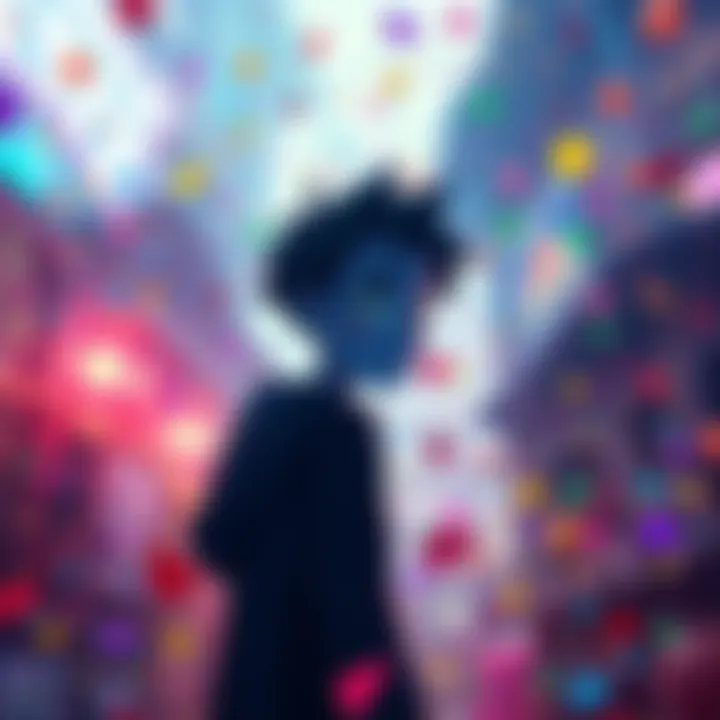 A character in a vibrant world filled with various colors and artistic elements, showcasing emotions through visual style.