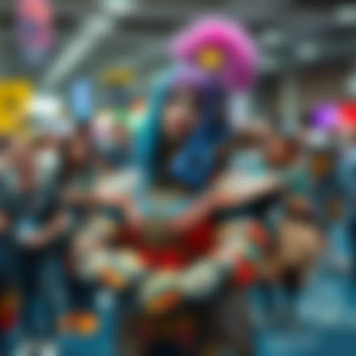 A person in a detailed Gris costume, showcasing vibrant colors and intricate designs, poses confidently at Comic Con 2025, surrounded by amazed attendees.