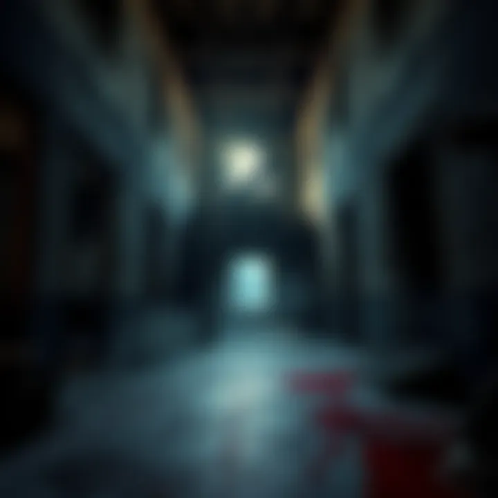 A dark and tense video game environment featuring a creepy abandoned building, with blood stains and ominous shadows, representing gritty horror themes.