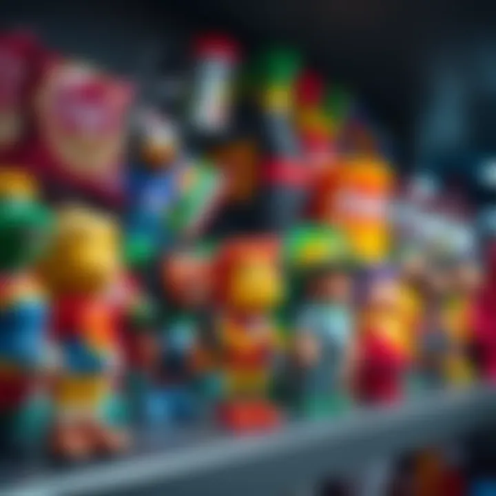 Colorful Grocery Gang action figures displayed on a shelf, showcasing various characters like food items and collectibles, appealing to collectors.