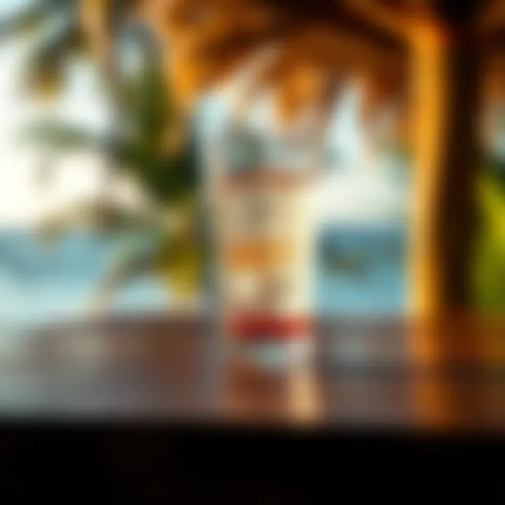 A clear glass filled with grog, a drink resembling alcoholic beverages, sitting on a wooden table with a tropical backdrop.