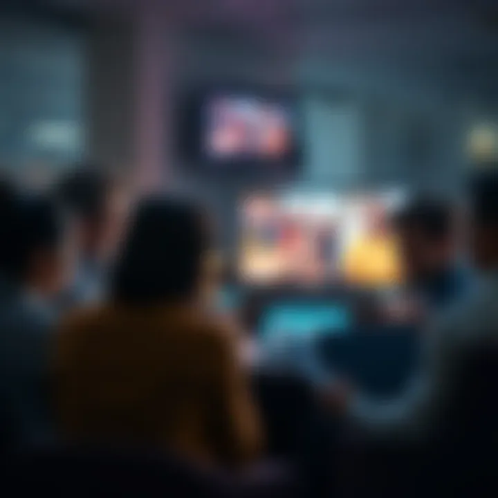 A group of people engaging in a conversation about clip culture, with phones and laptops open, showing various clips on the screens.