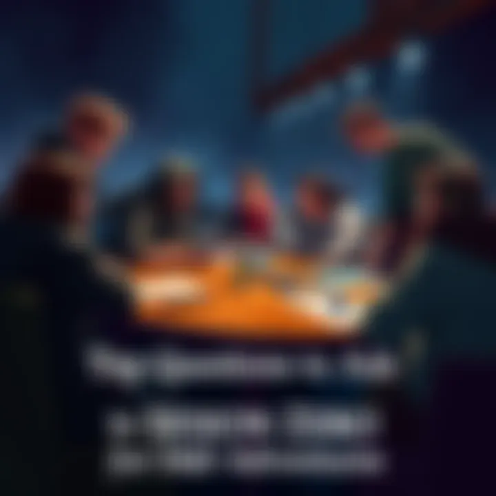 A group of friends sitting around a table, discussing plans for a D&D campaign with character sheets and dice in front of them