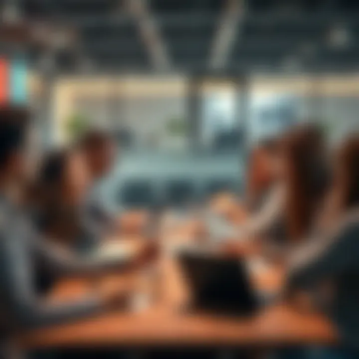 A group of people sharing and discussing new ideas around a table, with notes and laptops present, showing collaboration and feedback exchange.