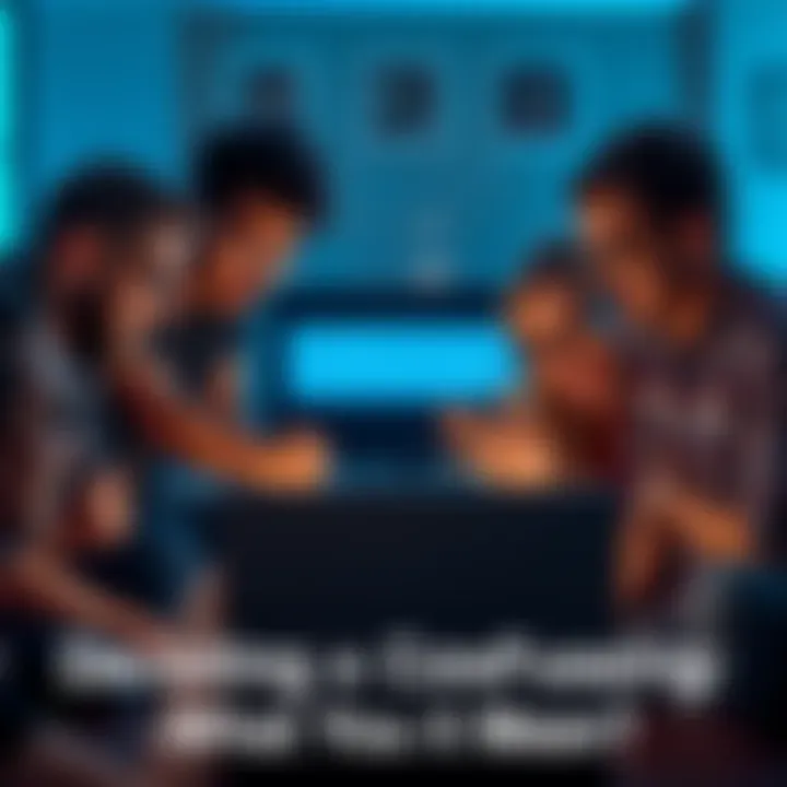 Group discussing a message A group of people gathered around a laptop, analyzing a cryptic message on the screen, with expressions of curiosity and humor.