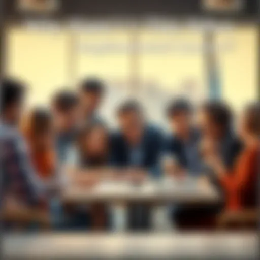 A diverse group of people gathered around a table discussing a new concept, showing expressions of interest and curiosity.