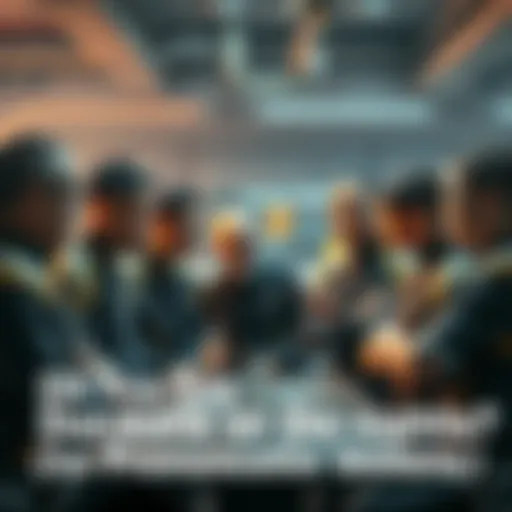 Group discussing pronunciation A diverse group of Bajoran workers engaged in a lively discussion about the pronunciation of 'Duckets' and 'Do-cahts' in a workplace setting.