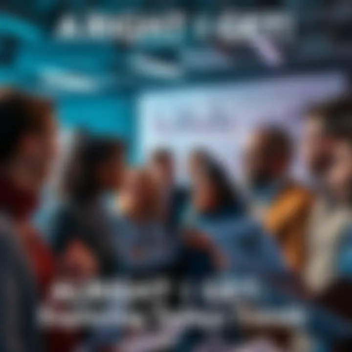 A diverse group of people engaged in a lively conversation about current trends and issues, surrounded by charts and news articles.