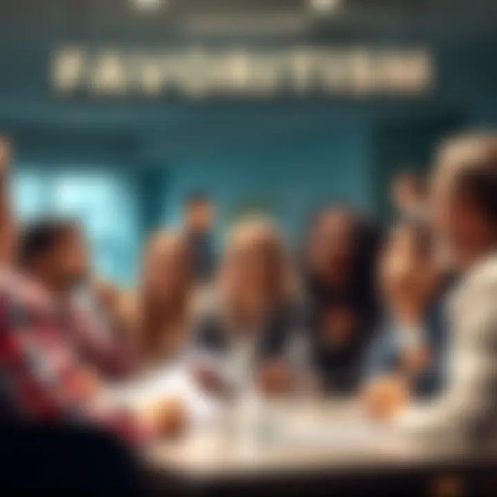 Group discussion on favoritism A group of people in a meeting discussing favoritism, showing diverse reactions and expressions, highlighting different perspectives in a workplace setting.