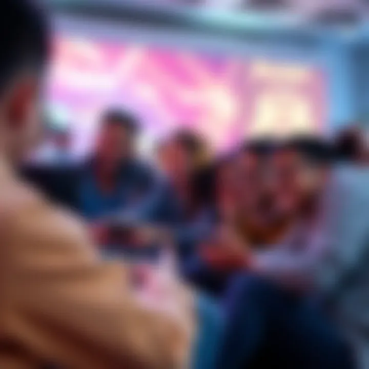 A diverse group of people gathered around a screen, excitedly playing and sharing gaming experiences in 2025.