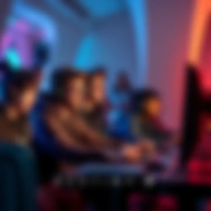 A diverse group of gamers gathered around computers, immersed in playing Destiny 2 with excitement and camaraderie.