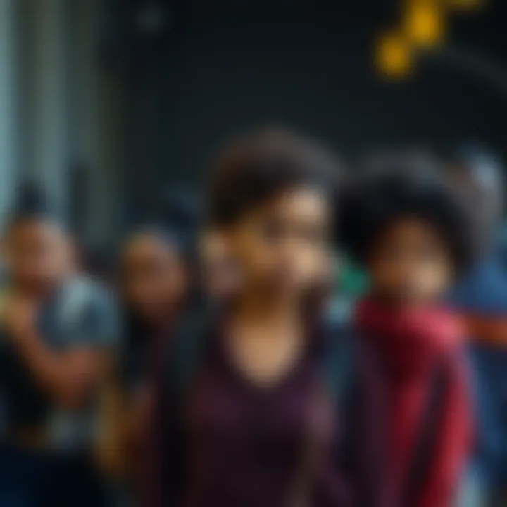 A diverse group of people showing various emotions as they walk together, highlighting societal tensions and dynamics.