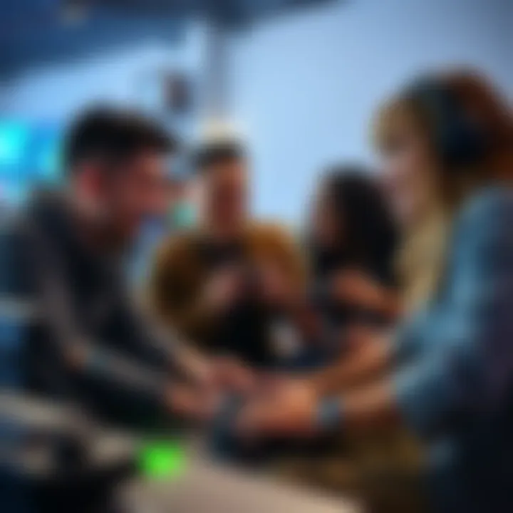 A diverse group of people engaged in playing video games together, discussing strategies and collaborating.