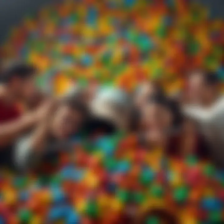 A group of friends struggles to extract a rod from a large cylinder filled with colorful M&M's, showing expressions of determination and humor.