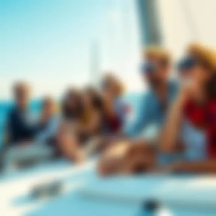 A group of friends enjoying a sailing trip on a sunny day, smiling and taking in the ocean views aboard a sailboat.